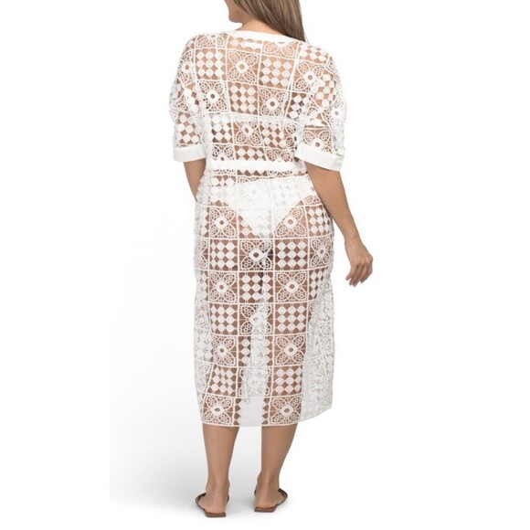 4OUR Dreamers Maxi Crochet Lace Swim Cover Up Caftan White Tie Waist X-Small - Picture 4 of 8